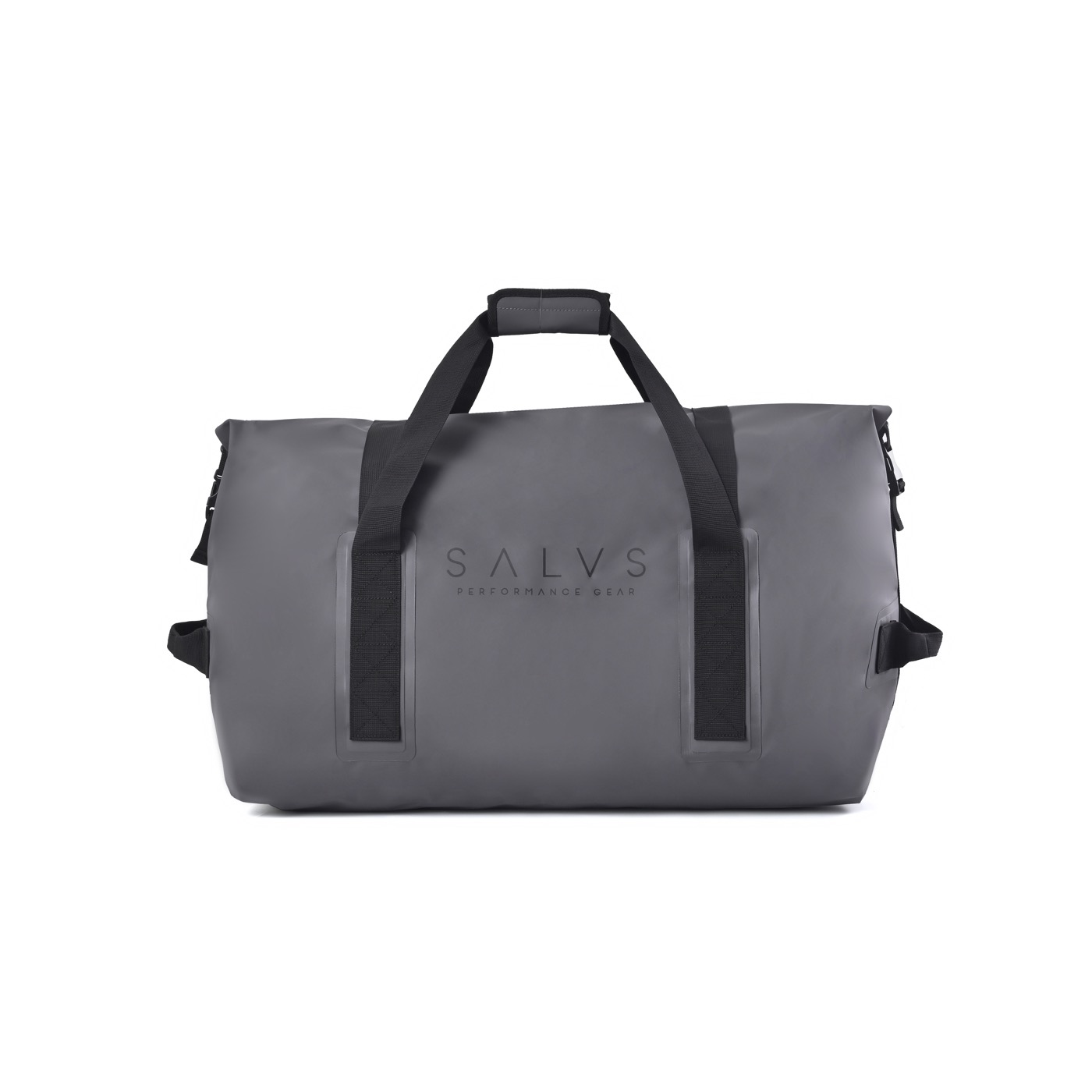 Grey SALVS 60L roll-top duffel, front view