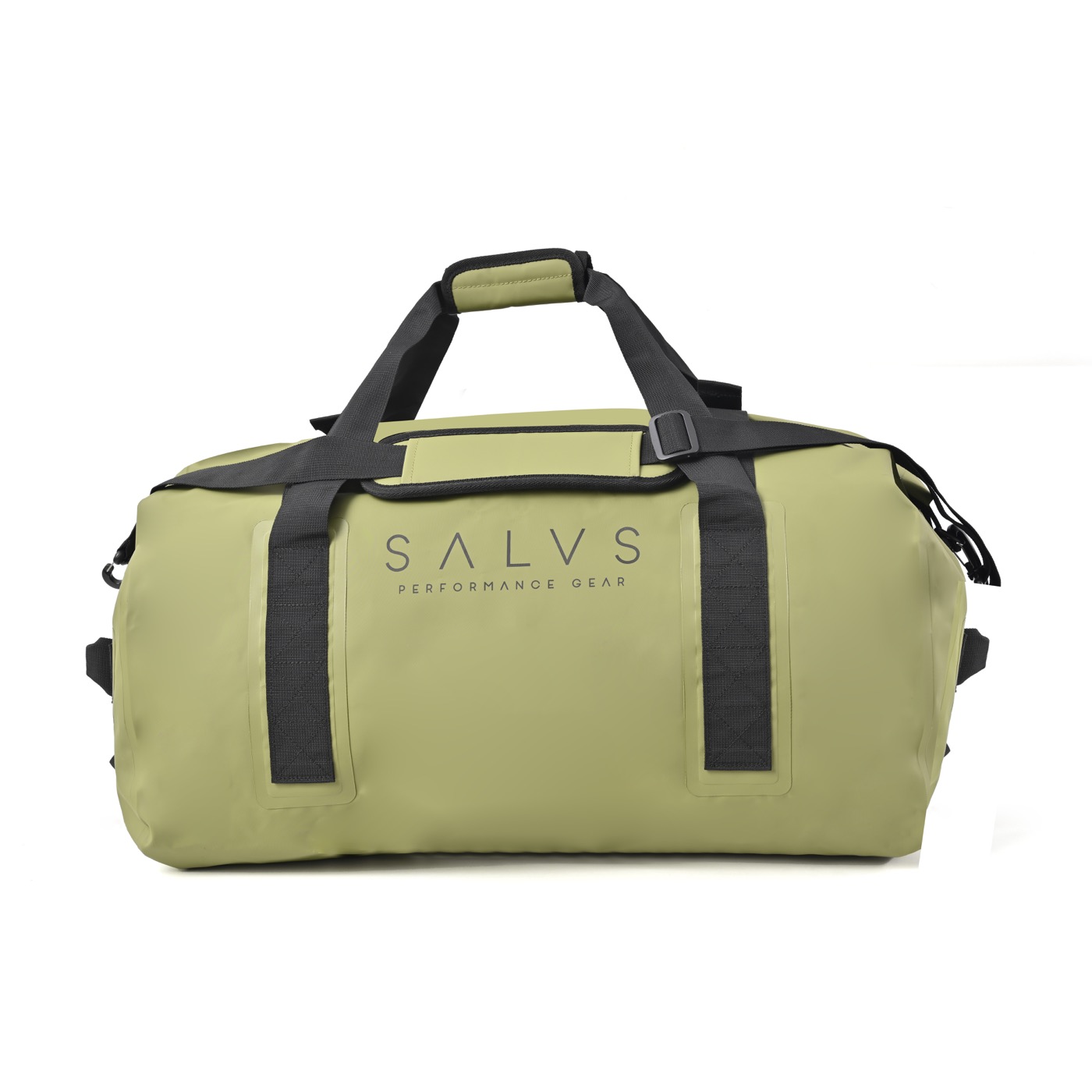 Olive green SALVS 60L roll-top duffel, front view