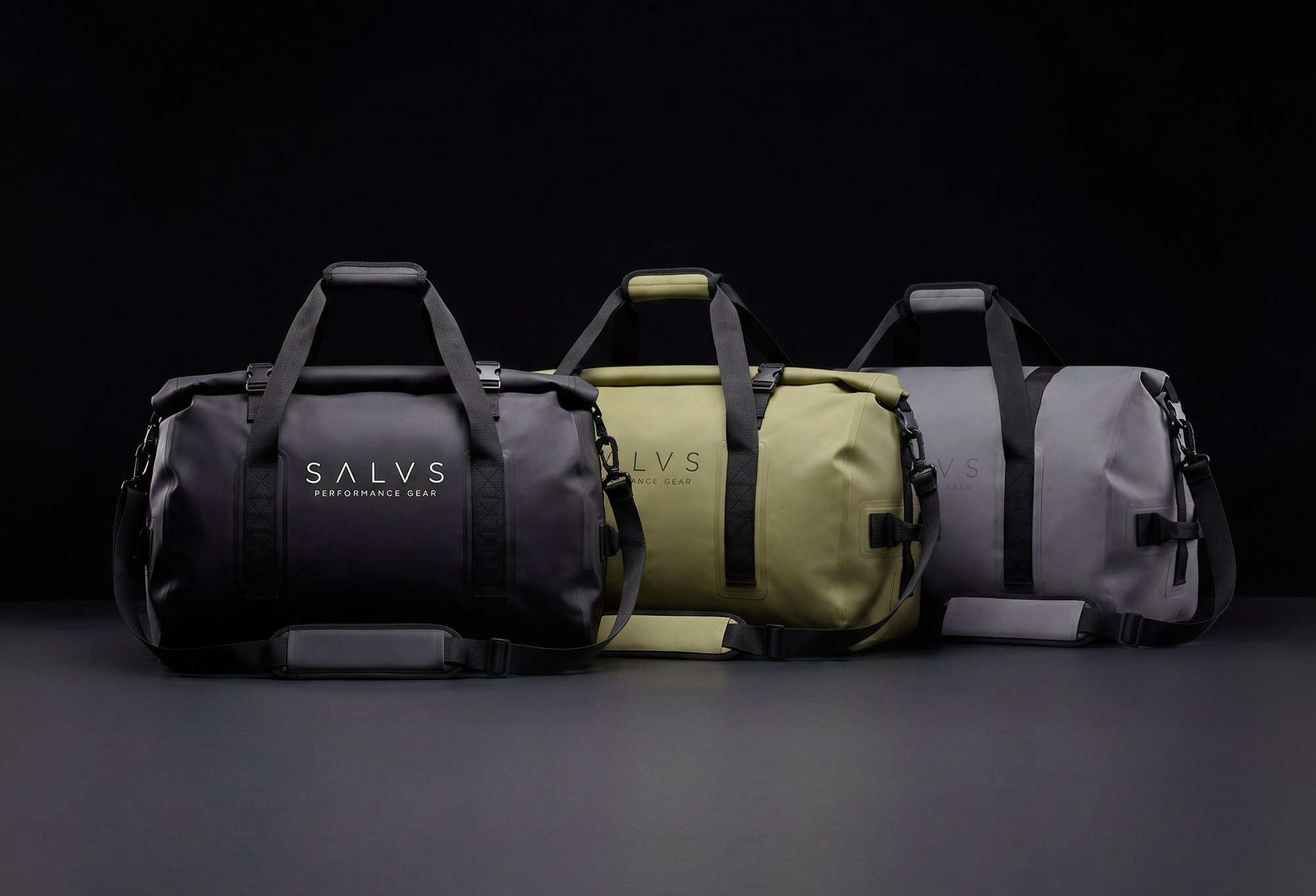 Black, olive, and grey SALVS 60L duffels.